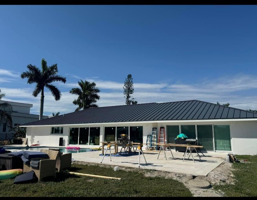 Metal roof over a backyard pool
